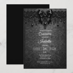 Invitación Elegante lazo negro perlas Quinceañera