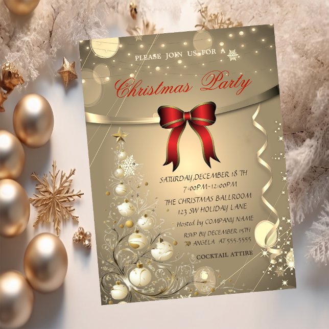 Invitación Elegante lazo rojo, bolas de la empresa de Navidad (Subido por el creador)