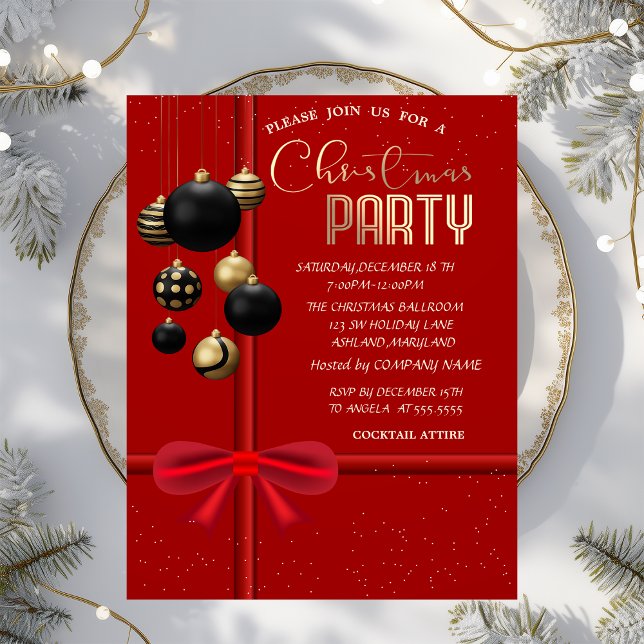 Invitación Elegante lazo rojo bolas negras Compañía de Navida (Subido por el creador)