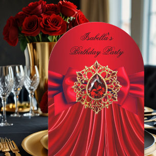 Invitación Elegante lazo rojo joya cumpleaños fiesta