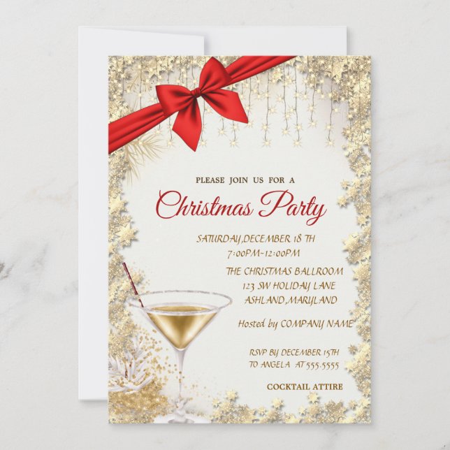 Invitación Elegante lazo rojo, vidrio dorado, estrellas Compa (Anverso)