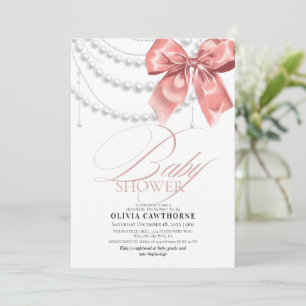 Invitación Elegante lazo rosa Beige Perlas Baby Shower