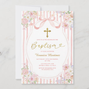 Invitación Elegante lazo rosa coqueta niña bautizo floral oro