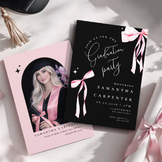 Invitación Elegante lazo rosa coquette foto graduación negra
