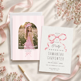 Invitación Elegante lazo rosa coquette foto gris graduación