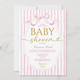 Invitación Elegante lazo rosa coquette niña baby shower raya