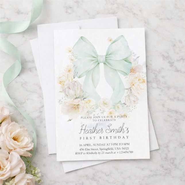 Invitación Elegante lazo verde salvia floral primer cumpleaño (Subido por el creador)