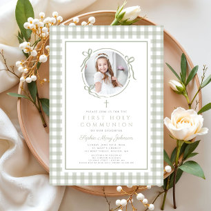 Invitación Elegante lazo verde salvia Foto niña primera comun
