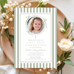 Invitación Elegante lazo verde salvia Foto niña primera comun