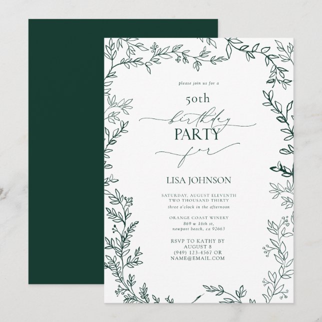 Invitación Elegante Leaf Moderno Verde Esmeralda 50 cumpleaño (Anverso / Reverso)