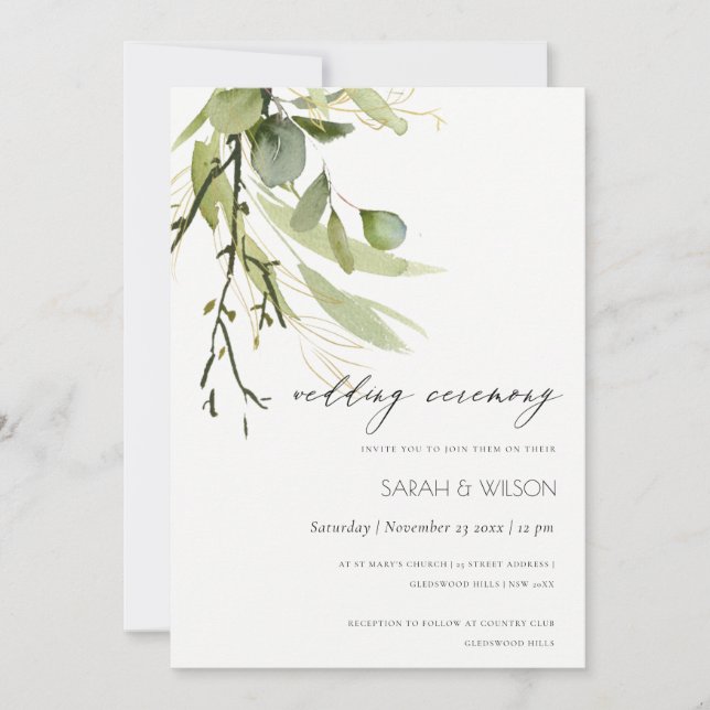 INVITACIÓN ELEGANTE LEAFY VERDE FOLIAGE WATERCOLOR BODA (Anverso)