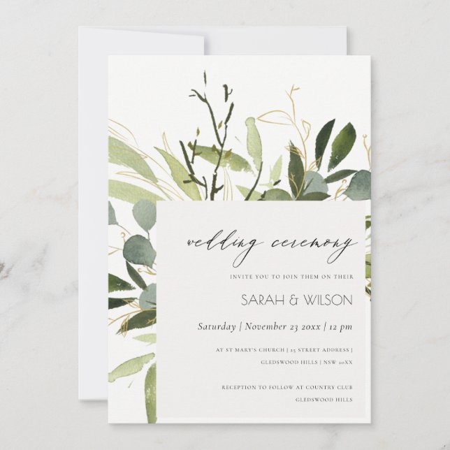 INVITACIÓN ELEGANTE LEAFY VERDE FOLIAGE WATERCOLOR BODA (Anverso)