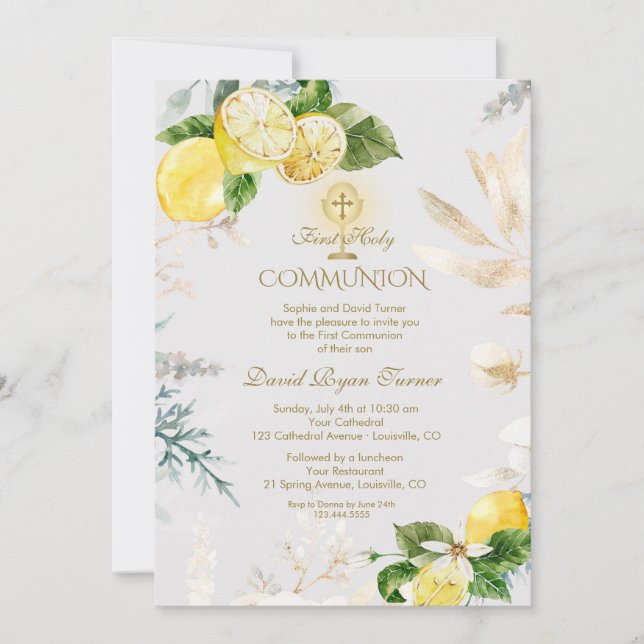 Invitación Elegante Lemon Fruit Gold First Holy Communia (Anverso)