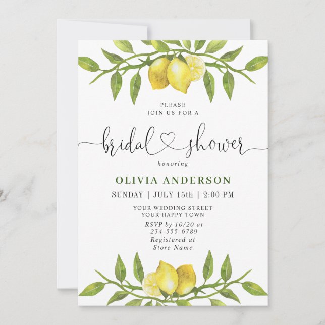 Invitación Elegante Lemons acuarela Verdor BRIDAL DUCHA (Anverso)