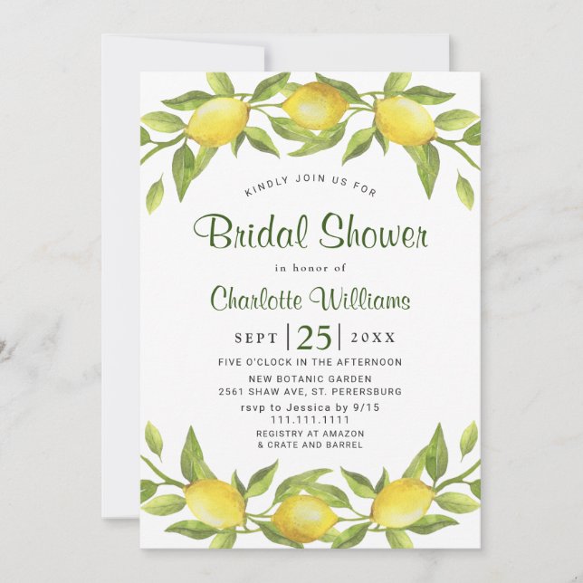 Invitación Elegante Lemons acuarela Verdor BRIDAL DUCHA (Anverso)