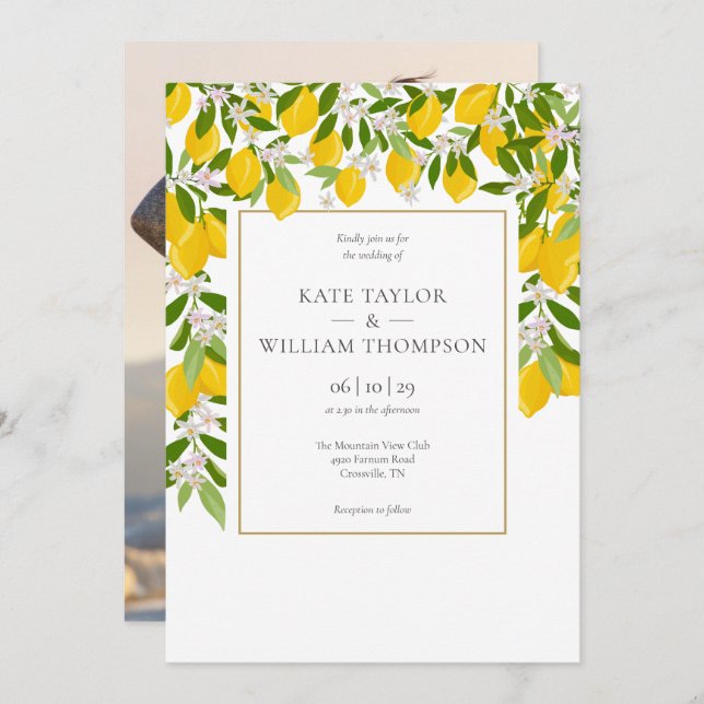 Invitación Elegante Lemons Blossom Greenery Photo Boda Invi (Anverso / Reverso)