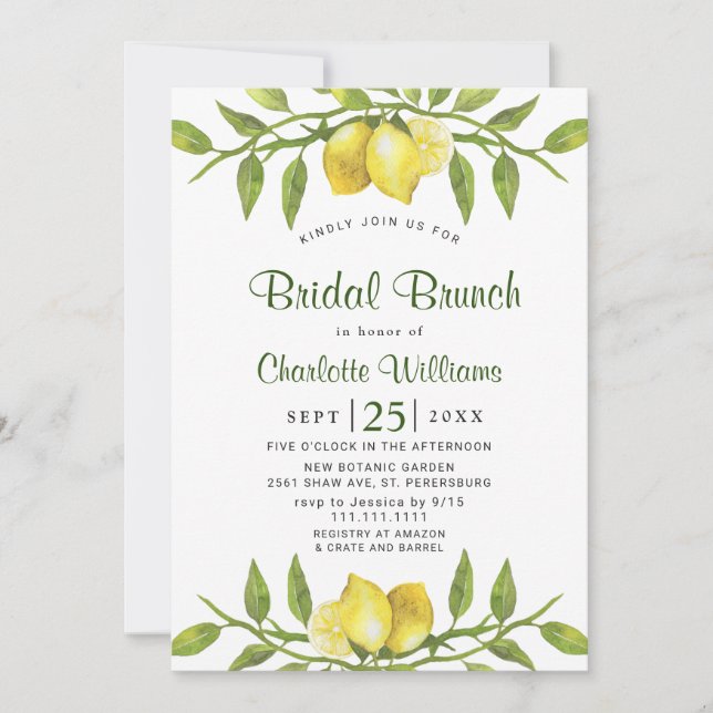 Invitación Elegante Lemons Watercolor Greenery BRIDAL BRUNCH (Anverso)