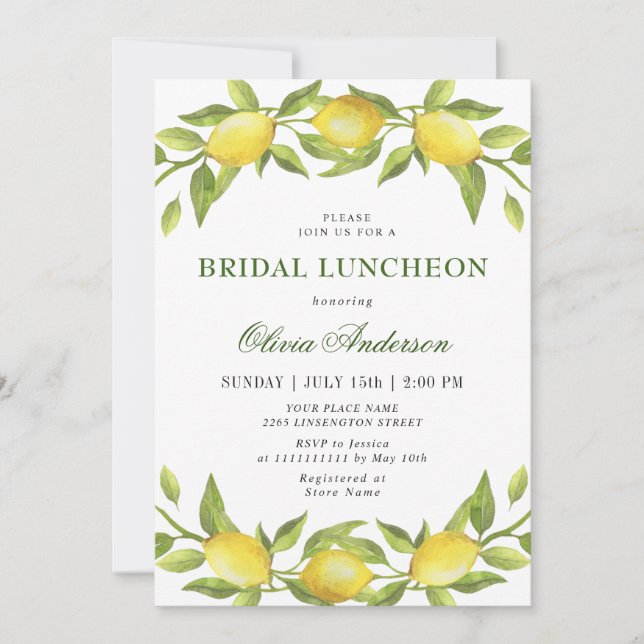 Invitación Elegante Lemons Watercolor Greenery BRIDAL LUNCHEO (Anverso)