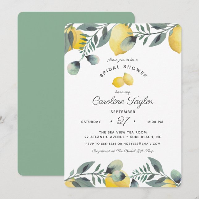 Invitación Elegante Lemons Watercolor Greenery Bridal Shower (Anverso / Reverso)