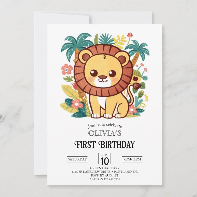 Invitación Elegante León Tropical 1er Cumpleaños Digital (Anverso)