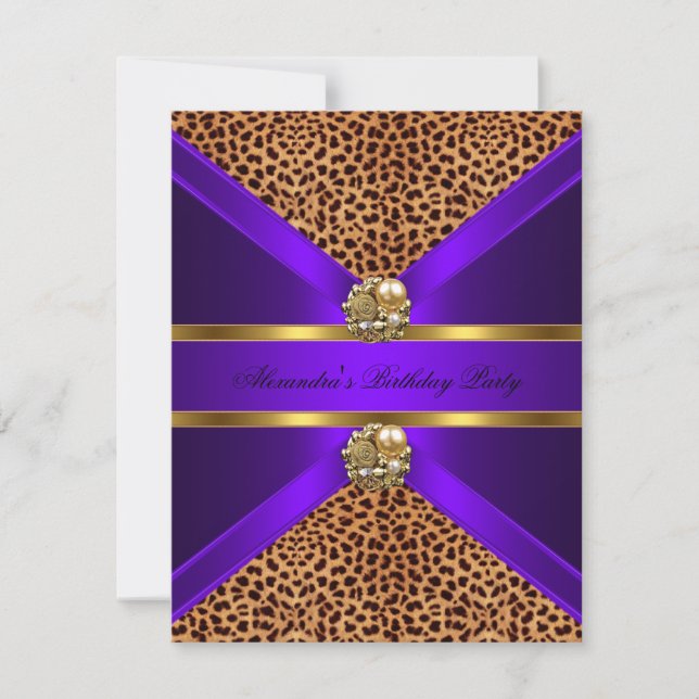 Invitación Elegante Leopard Animal Purple Gold Black Birday (Anverso)