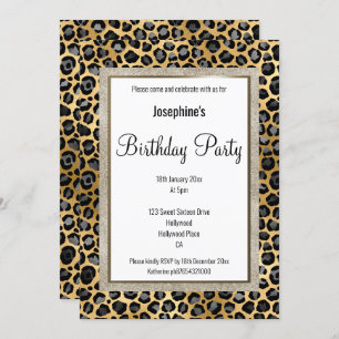 INVITACIÓN ELEGANTE LEOPARD PATRÓN DE ORO NEGRO CUMPLEAÑOS