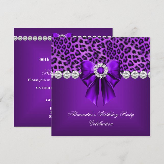 Invitación Elegante Leopard Purple Bow Diamonds Fiesta de cum (Anverso / Reverso)