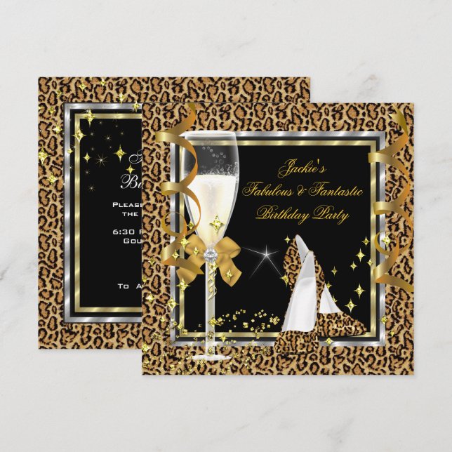Invitación Elegante Leopardo Cumpleaños Fiesta Negro Plata Or (Anverso / Reverso)