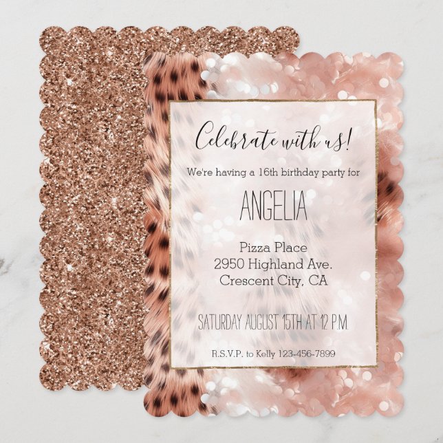 Invitación Elegante Leopardo de oro rosa de Girona Glitz (Anverso / Reverso)