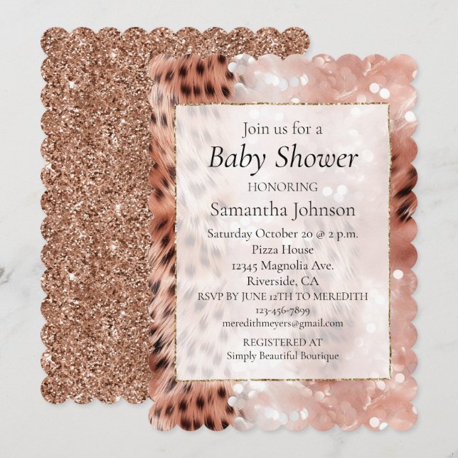 Invitación Elegante Leopardo de oro rosa de Girona Glitz (Anverso / Reverso)