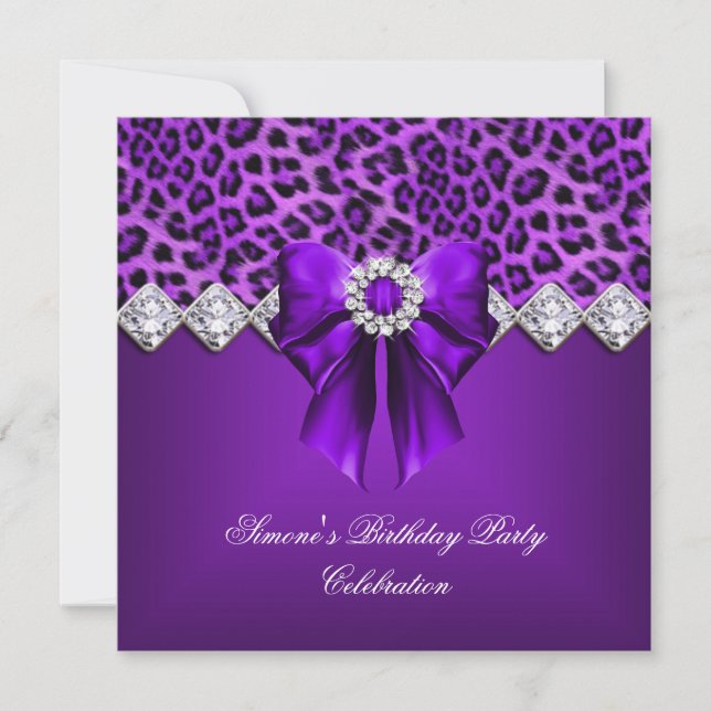 Invitación Elegante Leopardo Lazo Morado Diamantes (Anverso)