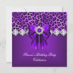 Invitación Elegante Leopardo Lazo Morado Diamantes