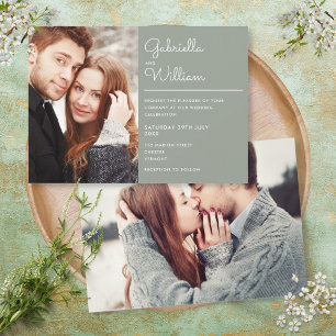 Invitación Elegante letra moderna verde menta 2 fotos boda