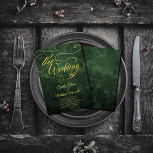 Invitación Elegante Libro Verde Vintage, caligrafía de oro