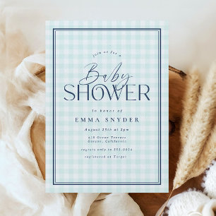 Invitación Elegante Light Blue White Gingham Boy Baby Shower