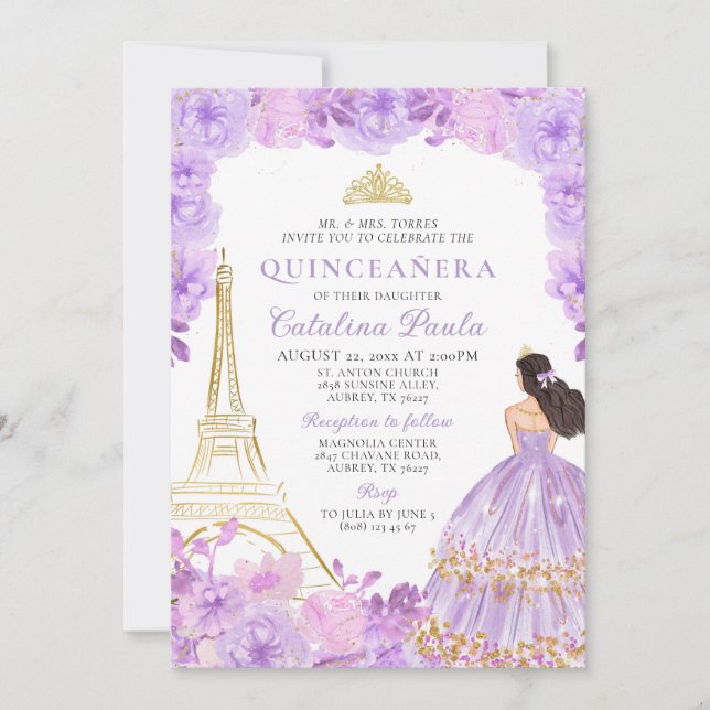 Invitación Elegante Light Purple Gold Tiara Paris Quinceañera (Anverso)