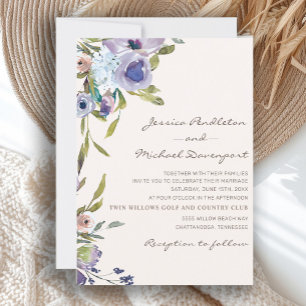 Invitación Elegante Lila Púrpura Azul Polvoriento Floral Boda