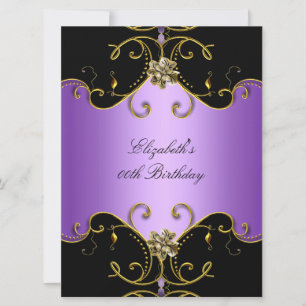 Invitación Elegante Lila Violeta Negro Floral Cumpleaños