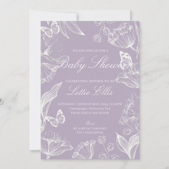 Invitación Elegante Lilac Boho Moda Chica Floral Baby Shower (Anverso)