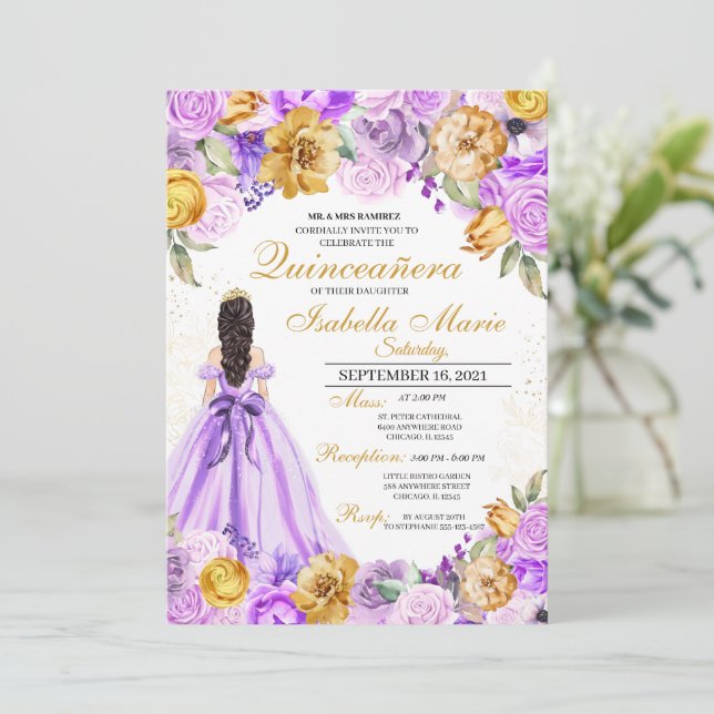 Invitación Elegante Lilac & Gold Floral Quinceanera Cumpleaño (Anverso de pie)