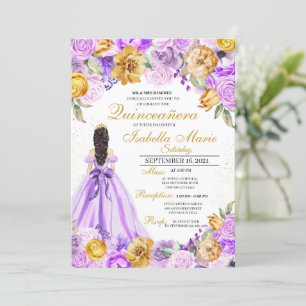 Invitación Elegante Lilac & Gold Floral Quinceanera Cumpleaño