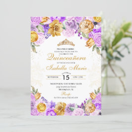 Invitación Elegante Lilac & Gold Floral Quinceanera Cumpleaño