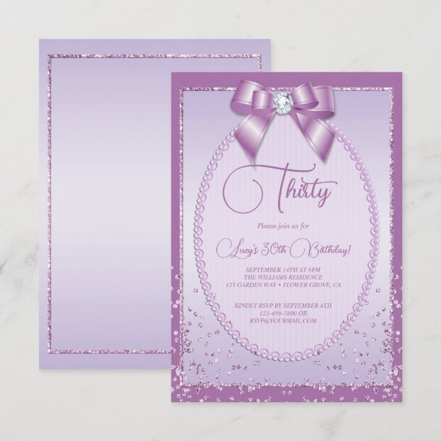 Invitación Elegante Lilac Jewel Bow & Confetti Cumpleaños (Anverso / Reverso)