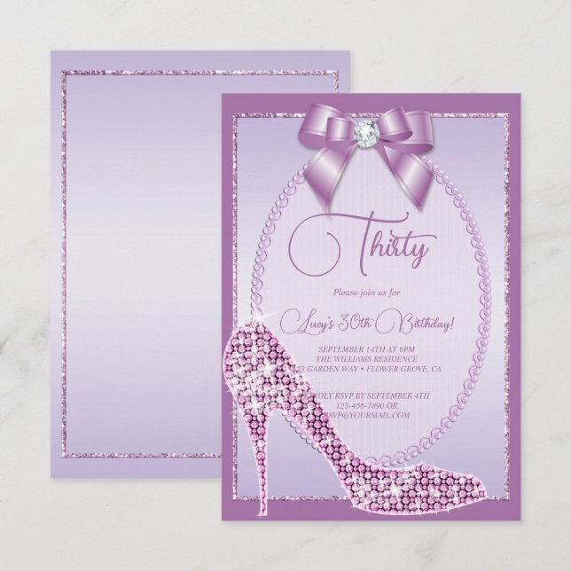Invitación Elegante Lilac Jewel Bow & Stiletto Cumpleaños (Anverso / Reverso)