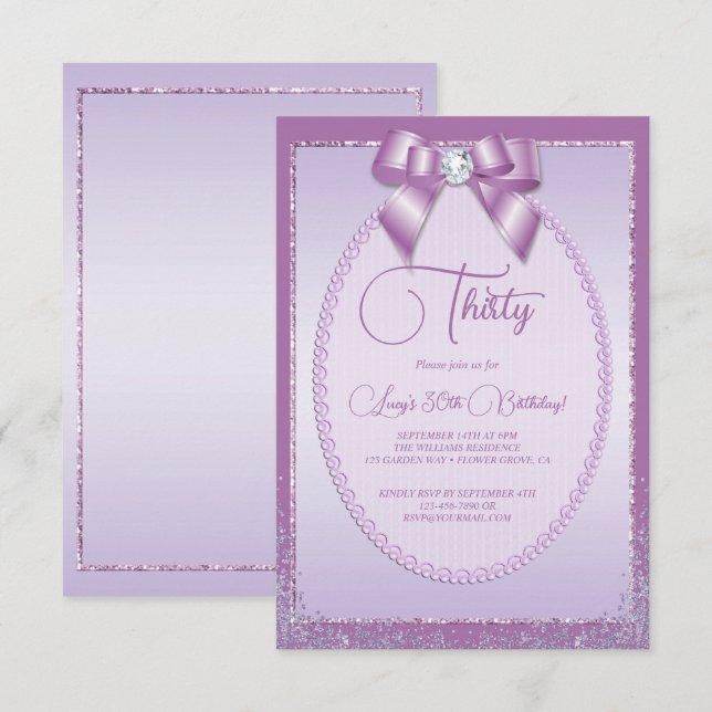 Invitación Elegante Lilac Jewel Bow y Purpurina Cumpleaños (Anverso / Reverso)