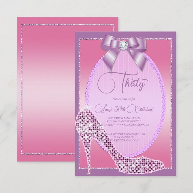 Invitación Elegante Lilac & Jewel Rosa Bow & Stiletto Cumplea (Anverso / Reverso)