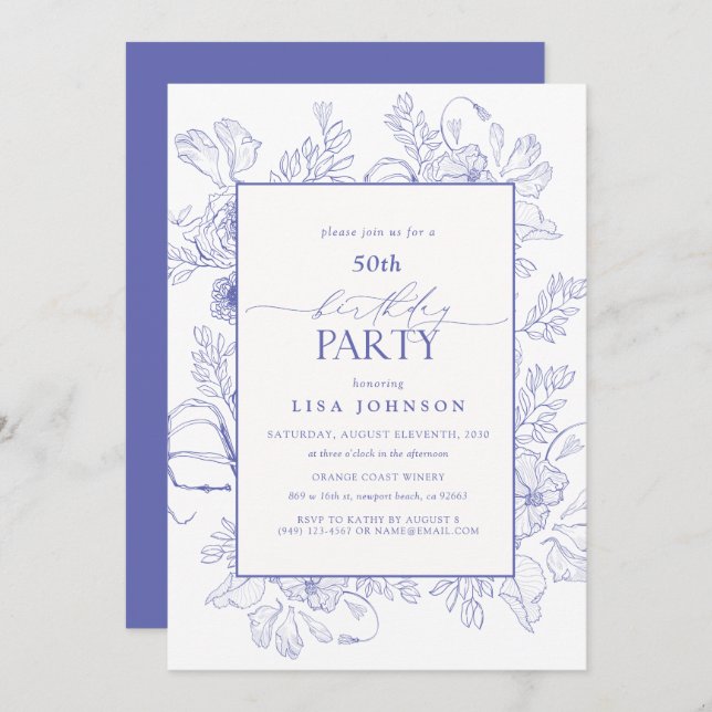 Invitación Elegante Lilac Lavender 50 cumpleaños Floral (Anverso / Reverso)