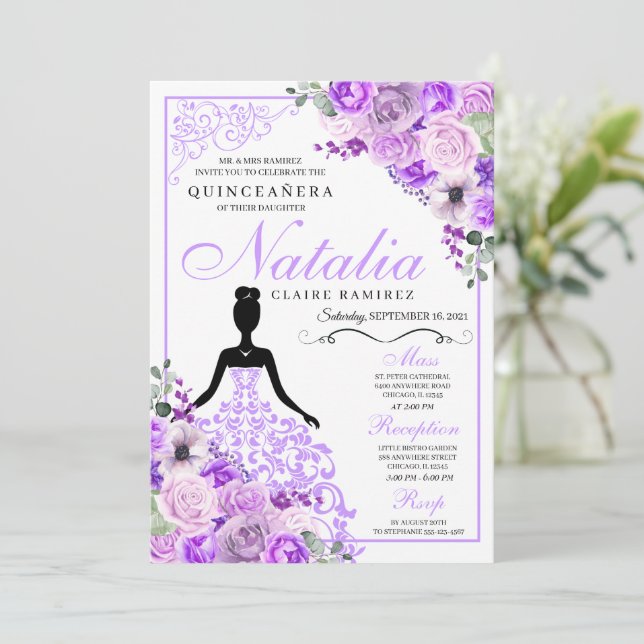 Invitación Elegante Lilac Morado Floral Quinceanera Cumpleaño (Anverso de pie)