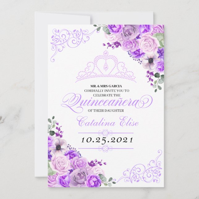 Invitación Elegante Lilac Morado Floral Quinceanera Cumpleaño (Anverso)