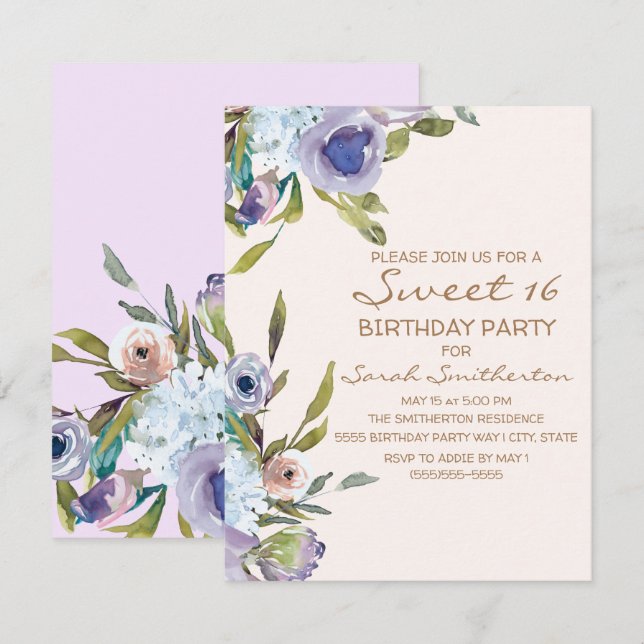Invitación Elegante Lilac Morado Floral Verde Dulce 16 (Anverso / Reverso)